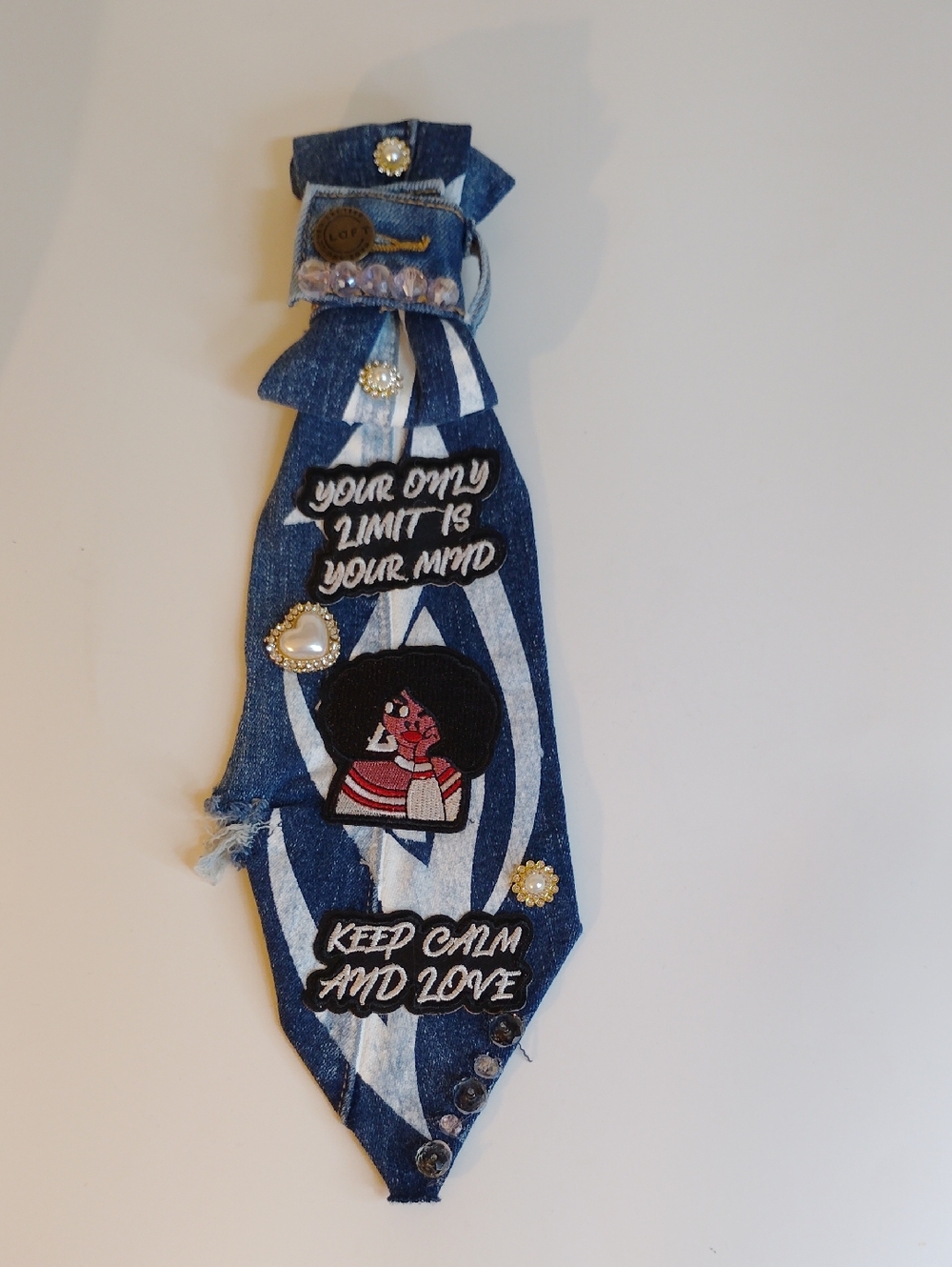 Decorated Denim Statement Tie - Blue & White